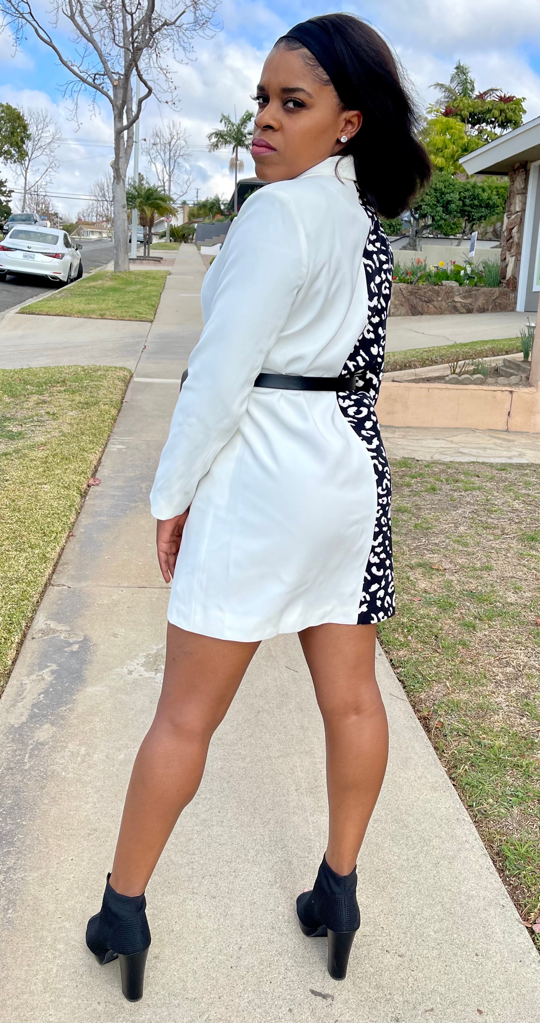 a line blazer dress Leely Women Black Midi Tweed Blazer Dress Peak Lapel A Line Ruched Interview Outfits with Sleeves